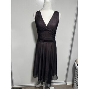 Ariella Womens V Neck Ruched Mesh Overlay Cocktail Midi Dress Plum Sleeveless